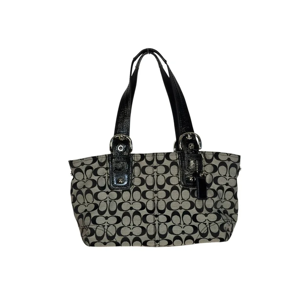 Coach Signature Jacquard Tote Bag Black Gray Patent Leather F13117 Y2K Classic